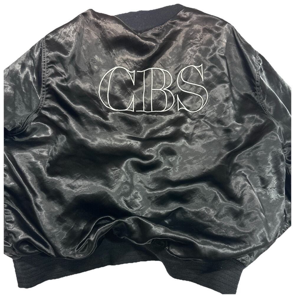 Vintage CBS Satin Bomber Jacket Black Snap Front Crew Style 80s–90s TV Network - Picture 10 of 11